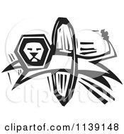 Clipart Of A Black And White Circus Lion Leaping Through A Hoop Woodcut Royalty Free Vector Illustration