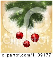 Clipart Of 3d Red Christmas Baubles And A Tree Branch Over Gold Bokeh Royalty Free Vector Illustration