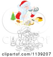 Outlined And Colored Santa Pouring Himself Champagne Over A Meal