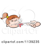 Cartoon Of A Girl Making A Funny Face By A Spoon Of Medicine Royalty Free Vector Clipart by Johnny Sajem