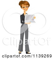 Poster, Art Print Of Happy Brunette Businesswoman Holding A Laptop