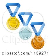 Gold Silver And Bronze Laurel Award Medals On Blue Ribbons