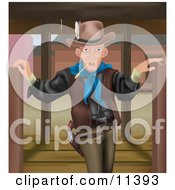 Cowboy Man Chewing On Straw And Standing Between Open Swing Doors