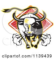 Clipart Of A Charging Bull Over A Diamond Of Rays Royalty Free Vector Illustration