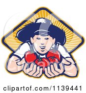 Clipart Of A Farmer Boy Holding Out Tomatoes Over A Diamond Of Rays Royalty Free Vector Illustration
