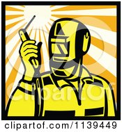 Poster, Art Print Of Retro Welder Holding A Torch Torch In A Square Of Rays