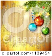 Poster, Art Print Of Wood Christmas Background Of Baubles On A Tree Branch With Gold And Snowflakes