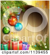 Poster, Art Print Of Wood Christmas Background With Baubles Branches And Gifts 1