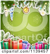 Poster, Art Print Of Christmas Background Of Gifts And Branches Over Green Snowflakes