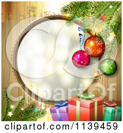 Clipart Of A Wood Christmas Background With Baubles Branches And Gifts 2 Royalty Free Vector Illustration by merlinul