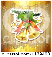 Clipart Of A Wood Christmas Background With Jingle Bells Snowflakes And Gold Grunge Royalty Free Vector Illustration
