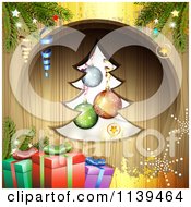 Clipart Of A Wood Christmas Background With Gifts A Tree And Gold Grunge Royalty Free Vector Illustration by merlinul