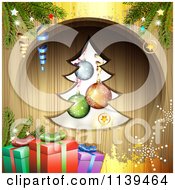 Poster, Art Print Of Wood Christmas Background With Gifts A Tree And Gold Grunge