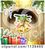 Clipart Of A Wood Christmas Background With Gifts Baubles Bells And Gold Grunge Royalty Free Vector Illustration