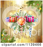 Poster, Art Print Of Wood Christmas Background With Gifts Branches A Bauble And Gold Grunge