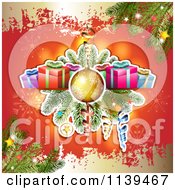 Clipart Of A Christmas Background Of Gifts And Branches Over Red 3 Royalty Free Vector Illustration