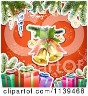Clipart Of A Christmas Background Of Gifts Bells And Branches Over Red 1 Royalty Free Vector Illustration by merlinul