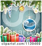 Poster, Art Print Of Christmas Background Of Santas Sleigh Gifts And Branches Over Blue 1