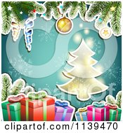 Poster, Art Print Of Christmas Background Of A Tree Gifts And Branches Over Blue