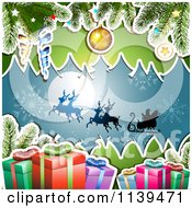 Poster, Art Print Of Christmas Background Of Santas Sleigh Gifts And Branches Over Blue 2