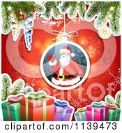 Clipart Of A Christmas Background Of Santa Gifts And Branches Over Red 1 Royalty Free Vector Illustration by merlinul