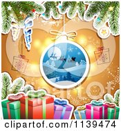 Poster, Art Print Of Christmas Background Of Santas Sleigh Gifts And Branches Over Orange