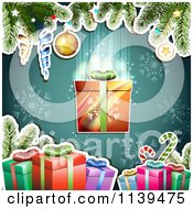 Clipart Of A Christmas Background Of Gifts And Branches Over Teal Snowflakes Royalty Free Vector Illustration