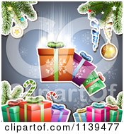 Clipart Of A Christmas Background Of Glowing Gifts And Branches 1 Royalty Free Vector Illustration