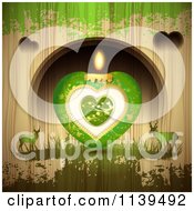 Poster, Art Print Of Green Valentines Day Heart Candle And Deer Over Wood With Green Grunge