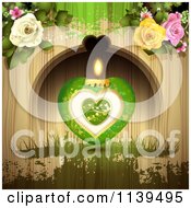 Poster, Art Print Of Green Valentines Day Heart Candle And Roses Over Wood With Green Grunge