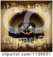 Poster, Art Print Of Black Halloween Jackolantern Pumpkins Over Wood With Brown Grunge