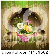 Potted Roses Butterflies And Hearts Over Wood With Green Grunge