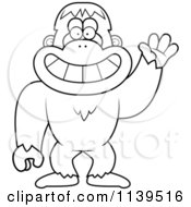 Cartoon Clipart Of A Black And White Friendly Waving Bigfoot Sasquatch Vector Outlined Coloring Page by Cory Thoman