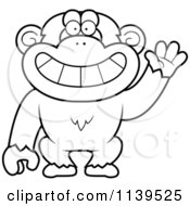 Cartoon Clipart Of A Black And White Friendly Waving Chimp Monkey Vector Outlined Coloring Page