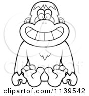 Cartoon Clipart Of A Black And White Sitting Orangutan Monkey Vector Outlined Coloring Page