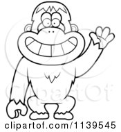 Cartoon Clipart Of A Black And White Friendly Waving Orangutan Monkey Vector Outlined Coloring Page