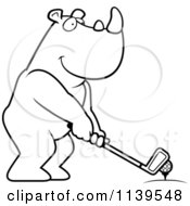 Poster, Art Print Of Black And White Golfing Rhino Holding The Club Against The Ball On The Tee