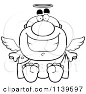 Cartoon Clipart Of A Black And White Sitting Angel Man Vector Outlined Coloring Page