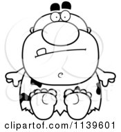 Cartoon Clipart Of A Black And White Sitting Caveman Vector Outlined Coloring Page