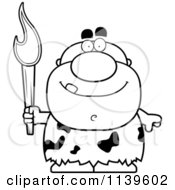 Cartoon Clipart Of A Black And White Caveman Holding A Torch Vector Outlined Coloring Page
