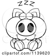 Cartoon Clipart Of A Black And White Sleeping Piglet Vector Outlined Coloring Page