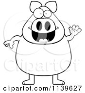 Cartoon Clipart Of A Black And White Chubby Pig Waving Vector Outlined Coloring Page