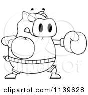 Cartoon Clipart Of A Black And White Chubby Pig Boxing Vector Outlined Coloring Page by Cory Thoman