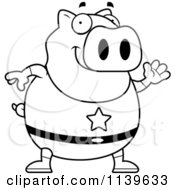 Cartoon Clipart Of A Black And White Chubby Super Pig Waving Vector Outlined Coloring Page