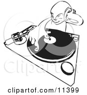 DJ Mixing His Records And Holding Headphones Clipart Illustration