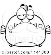Cartoon Clipart Of A Black And White Depressed Piranha Fish Vector Outlined Coloring Page