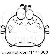Cartoon Clipart Of A Black And White Happy Smiling Piranha Fish Vector Outlined Coloring Page