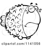 Cartoon Clipart Of A Black And White Crying Blowfish Vector Outlined Coloring Page