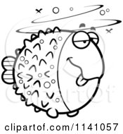 Cartoon Clipart Of A Black And White Drunk Blowfish Vector Outlined Coloring Page