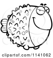 Cartoon Clipart Of A Black And White Sly Blowfish Vector Outlined Coloring Page
